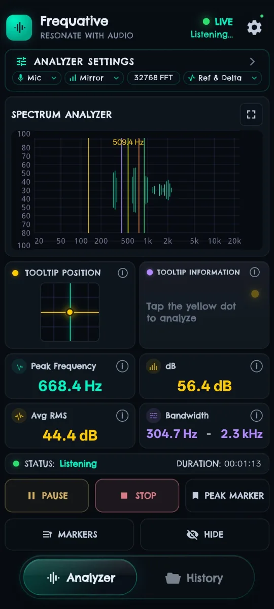 Frequative with peak markers placed on the spectrum, one labelled 509.4 Hz, alongside a live peak frequency of 668.4 Hz at 56.4 dB.