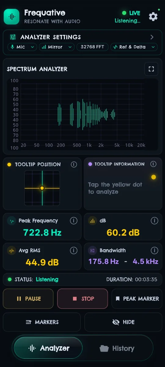 Frequative analysing microphone input in mirrored bar mode, showing a peak frequency of 722.8 Hz at 60.2 dB with a 32768-point FFT.