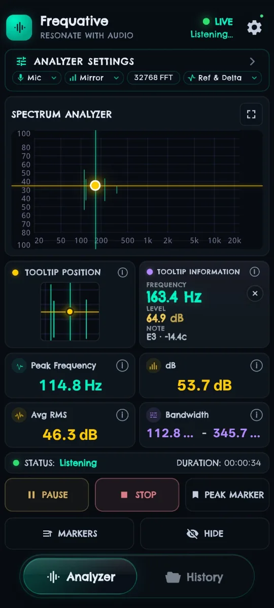 Frequative's tooltip inspection panel reading 163.4 Hz at 64.9 dB, identified as note E3 minus 14.4 cents.
